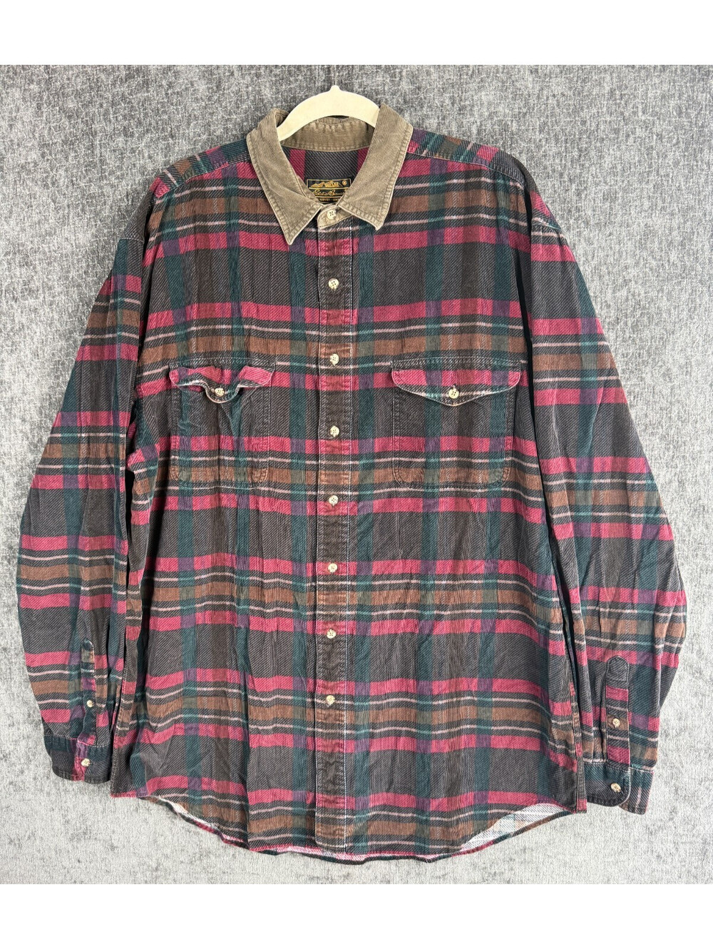 Vintage Eddie Bauer Mens XL Tall Heavy Flannel Shirt Corduroy Collar Plaid